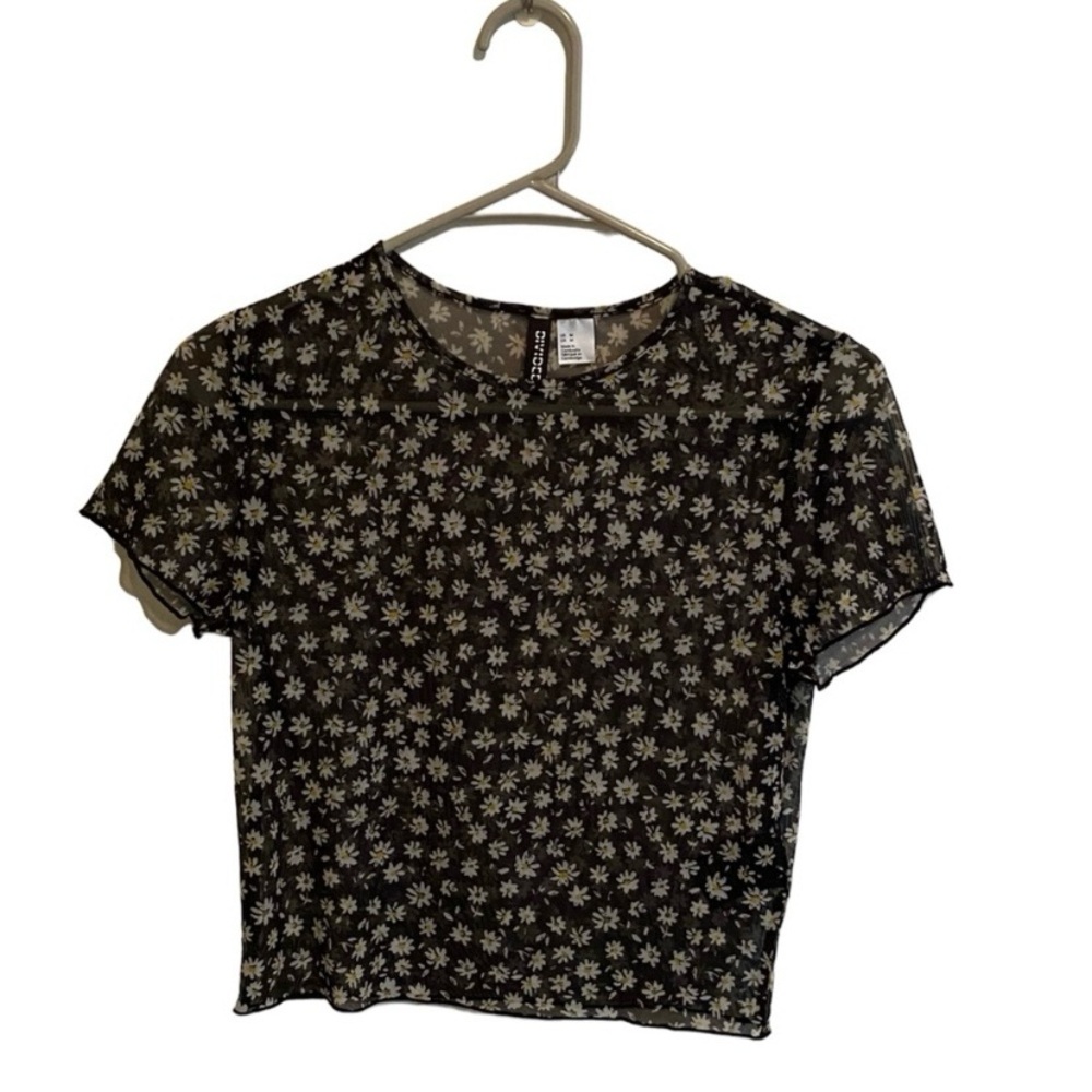 H&M Divided Black Sheer Daisy Print Crop Top size medium